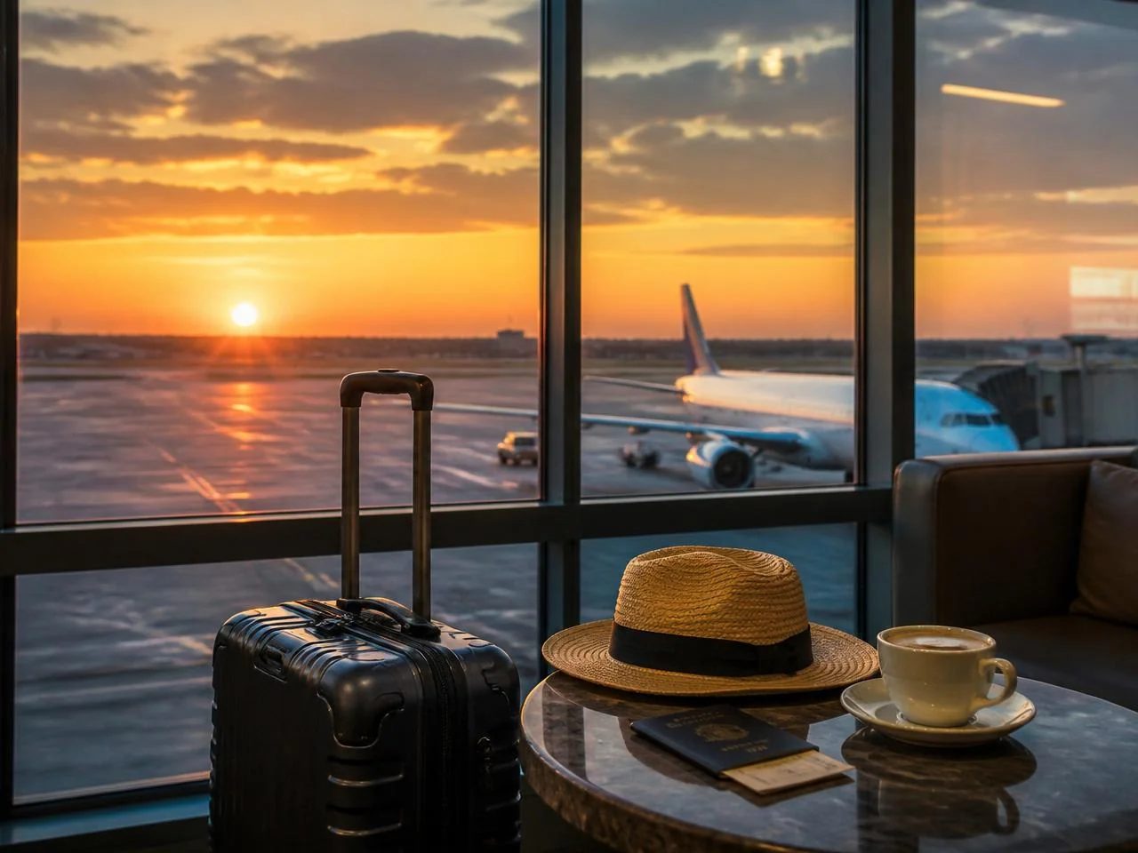 Премиальная travel-сцена в аэропорту с чемоданом, шляпой и паспортом